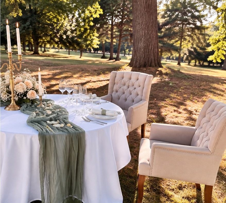 Table de réception élégamment dressée dans un jardin, avec fleurs, bougies et fauteuils