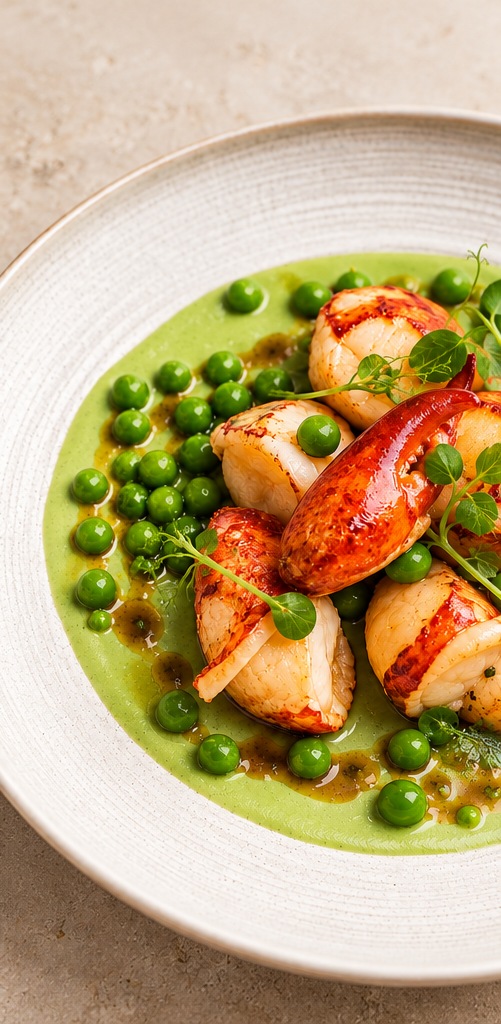Homard bleu breton et petits pois
